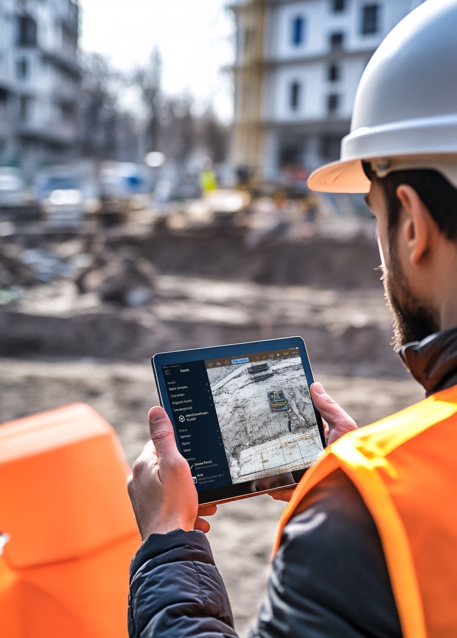 AEC professional at construction site using tablet to visualize AR features