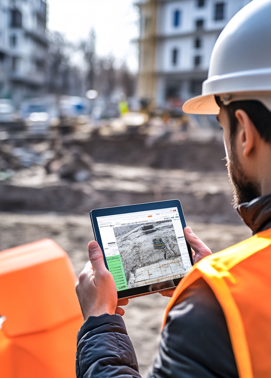 AEC professional at construction site using tablet to visualize AR features