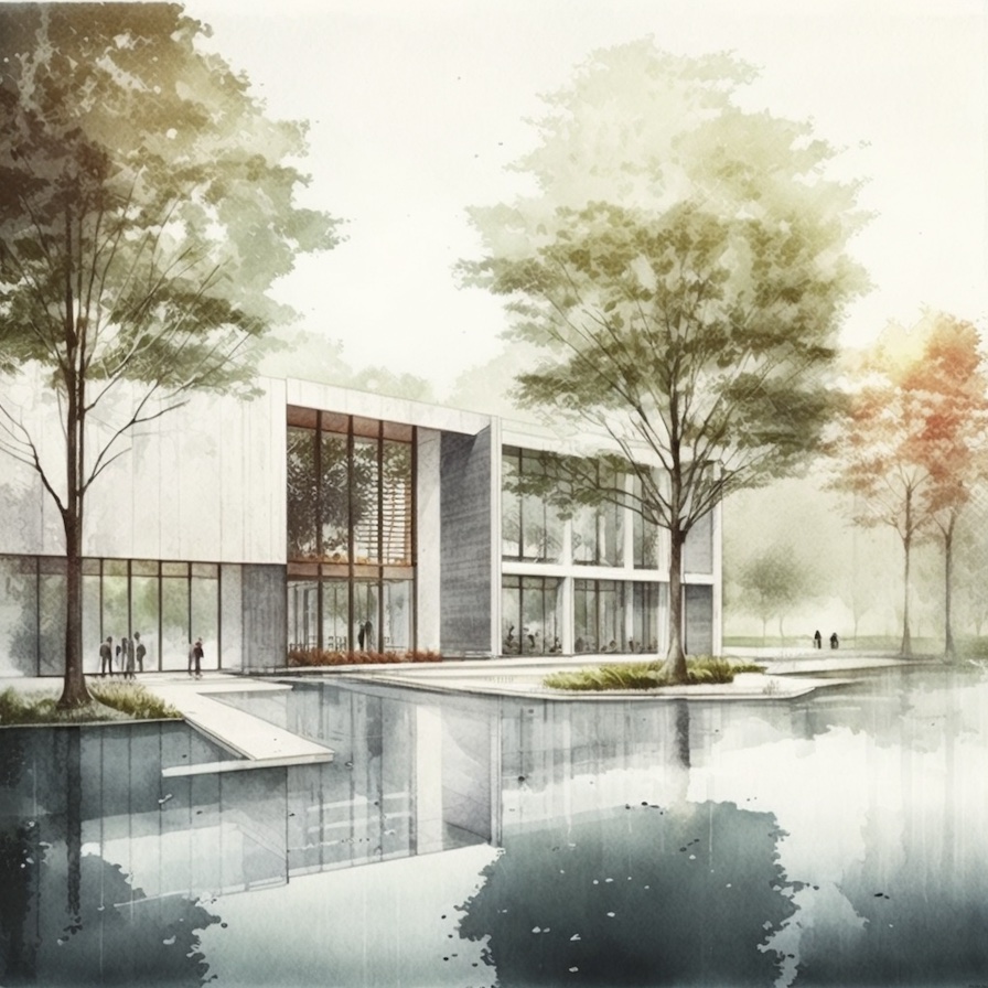 AEC: NPR Architectural Rendering of 2-story office building reflected in pool